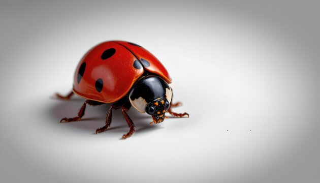 A ladybug on a grey background with a light source from above creating a soft shadow below the insect.