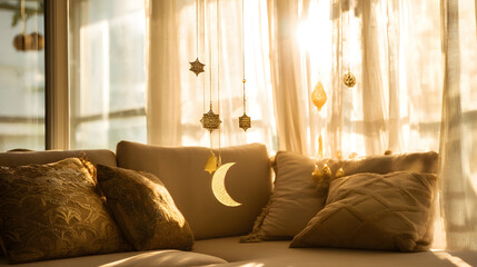 Refined Islamic patterns complement a bright living room for Eid al-Fitr