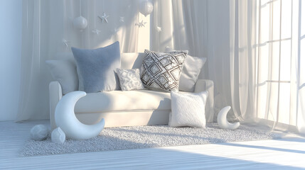 Refined Islamic patterns complement a bright living room for Eid al-Fitr