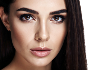 A close-up portrait shows a young woman with long dark hair, striking eyes, and expertly applied makeup. The shot is well-lit, highlighting her features
