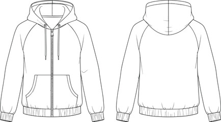 Full Zip Raglan Sleeve Hoodie Technical Sketch Vector Template with Front and Back View for Fashion Design and Apparel Manufacturing © MDASIKUL