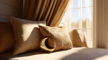 Festive ornaments highlight a bright living room interior for Eid al-Fitr