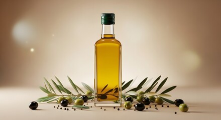 Olive Oil Bottle with Green Cap and Fresh Leaves on White Background