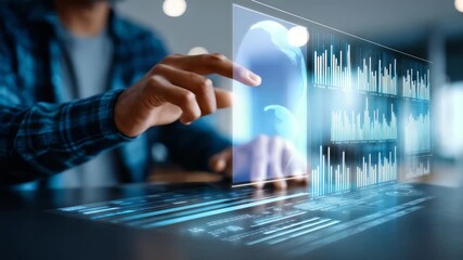 Hands operate a transparent virtual screen filled with charts, bar graphs, and analytics in a high tech environment. The scene highlights digital transformation and data driven strategies in business - Powered by Adobe