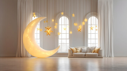 Soft daylight illuminates a bright living room decorated for Eid al-Fitr