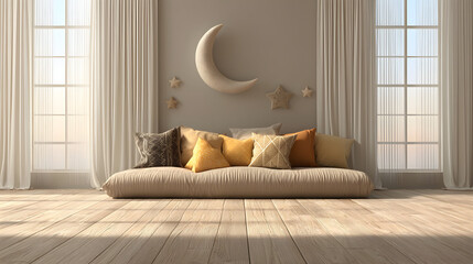 Soft daylight illuminates a bright living room decorated for Eid al-Fitr