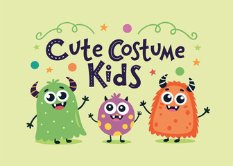 Adorable monsters in costume inviting kids to a fun Halloween celebration, perfect for posters, invitations, and party decorations or themed events