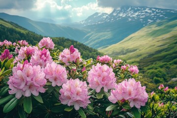 A serene landscape featuring a lush green valley nestled amidst towering mountains, with a vibrant array of pink flowers blooming in the foreground, adding a touch of color to the natural beauty.