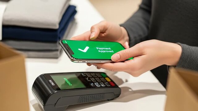 Customer paying with smartphone using contactless technology at point of sale terminal.