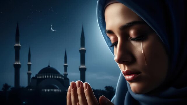 Woman in Prayer with Mosque Background Expressing Emotional Spirituality and Faith