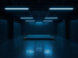 Futuristic dark room with blue neon lights and empty platform, sci-fi studio stage background with copy space.