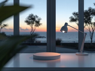 Minimal round podium on table by window with sunset sea view, serene product display mockup with copy space.