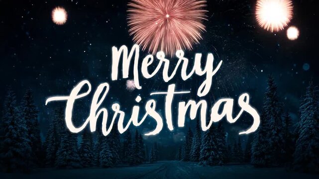 Festive Merry Christmas text in a script font set against a dark snowy forest with sparkling fireworks ideal for holiday cards and seasonal greetings