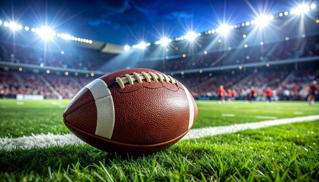 An American football with brown leather and white laces sits on the green grass turf of a college stadium field during a competitive sports game