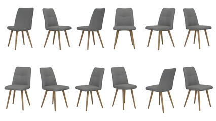 Eight grey chairs isolated on transparent background for furniture design