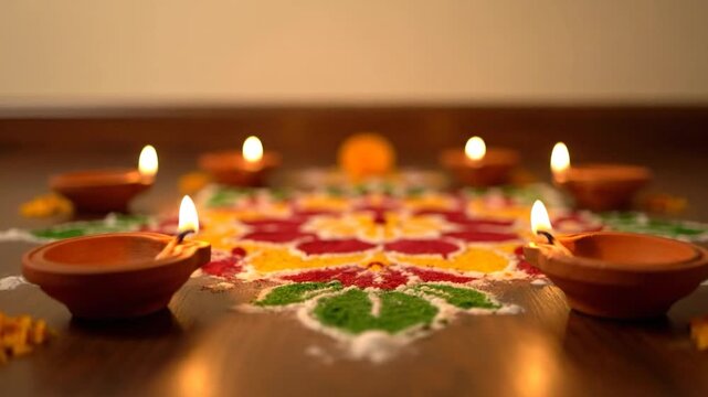 Lit diyas encircle a vibrant rangoli on a wooden surface, festive ambiance