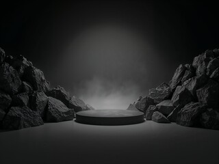 Empty round podium between dark rocks with mist, dramatic cave background for product display mockup.