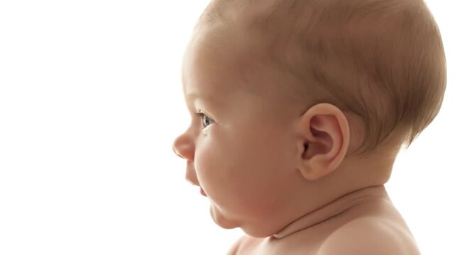 Profile of a baby's face in soft focus, with fair skin and downy hair against white