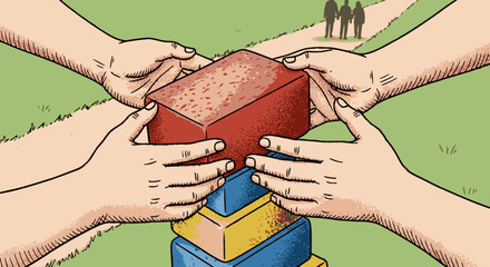 Four diverse hands collaborate to carefully stack a red brick atop a growing foundation, symbolizing collective effort, unity, and strategic construction towards a shared objective.