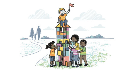 Naklejka premium A diverse group of cheerful children collaboratively constructs a towering building with colorful toy blocks, symbolizing teamwork, achievement, and shared success.