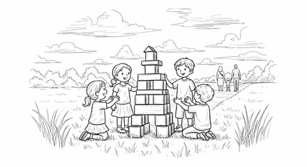 Four happy young children are engaged in cooperative outdoor play, meticulously building a tall block tower together on a sunny day in a picturesque park setting.