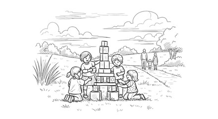 Obraz premium Four happy young children collaborate outdoors, meticulously stacking wooden blocks to construct an impressive tower, fostering teamwork and imaginative play in a natural setting.