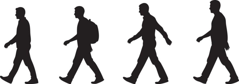 Black silhouettes of walking men in motion on a white background