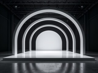 Futuristic white arch stage in dark hall with reflections, modern exhibition platform background with copy space.