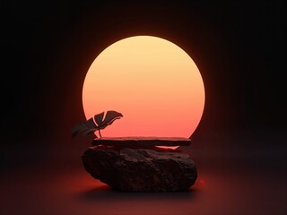Glowing sun sphere on rock with small plant, warm minimal zen scene on dark background, creative product stage.