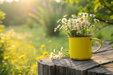 Yellow enamel mug filled with daisy flowers sitting on weathered wooden table with soft focus garden background and sun flare