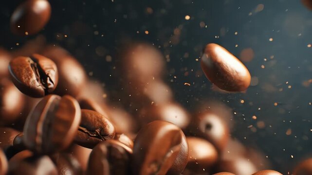 Close-up of Roasted Coffee Beans in Motion with Dark Background