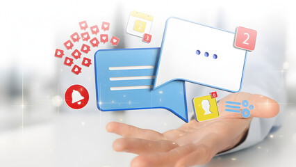 A person presents digital communication icons for business solutions and social media engagement.