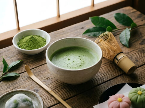 Healthy Matcha Green Tea Drink with Traditional Japanese Preparation