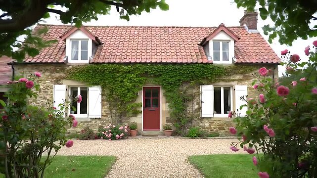 Charming ivy-clad cottage with red front door and two dormer windows in a lush garden