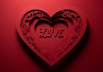 Layered red paper cut art heart with Love text and intricate patterns.