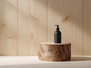 Black pump bottle on tree stump podium, wooden wall background with soft shadows, natural cosmetic mockup.