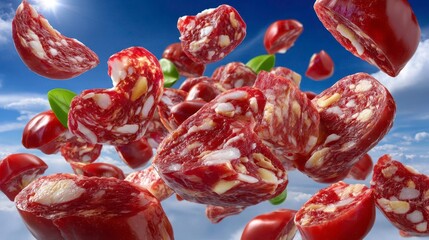 Salami Slices Delicious Meat, Flying Food, Food Photography