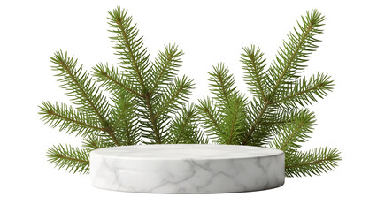 Marble podium with pine branches isolated on transparent background