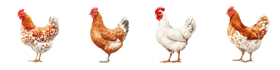Fototapeta premium Four Different Chickens Isolated on White Background