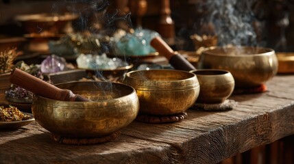 Collection of brass Tibetan singing bowls with wooden mallets arranged on rustic wooden altar table with incense smoke wafting through scene for holistic therapy and alternative healing medicine.