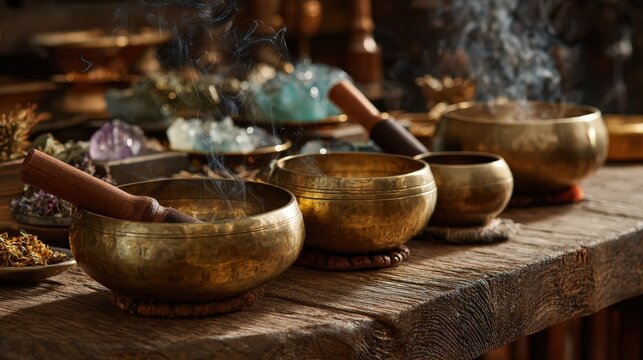 Collection of brass Tibetan singing bowls with wooden mallets arranged on rustic wooden altar table with incense smoke wafting through scene for holistic therapy and alternative healing medicine. - Powered by Adobe