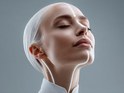 Futuristic woman face with digital lines, closed eyes, serene expression, smooth skin, modern technology, minimal background