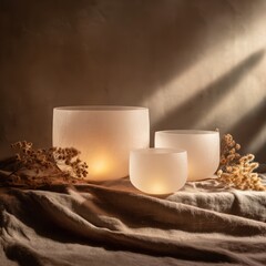 Crystal quartz singing bowls in multiple sizes glowing with warm ambient light on natural linen with dried botanical flowers for minimalist Zen meditation and vibrational energy healing practice.