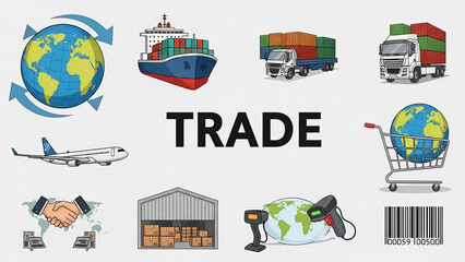 Global trade and logistics icons including cargo ship truck airplane warehouse handshake and shopping cart representing international commerce and delivery services
