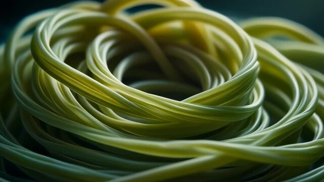 Close-up of vibrant green pasta strands coiled together in a circular pattern.