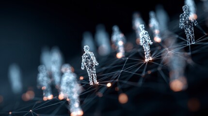 Abstract representation of interconnected figures composed of digital points, with blurred, warm-toned lights, against a dark backdrop