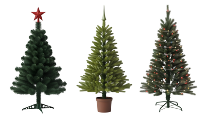 Three christmas trees isolated on transparent background