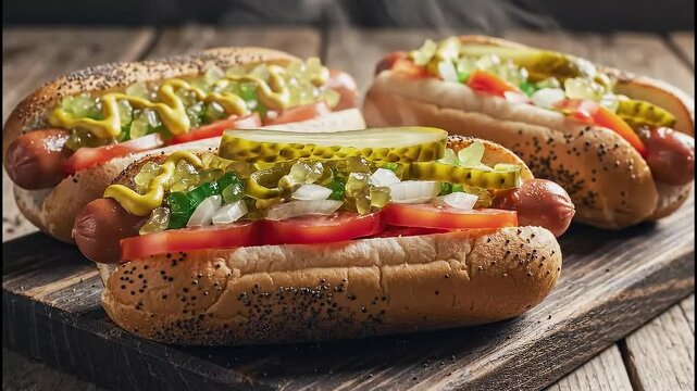 Three classic Chicago hot dog topped with mustard, relish, onions, tomato slices, pickle spear, and peppers on wooden table
