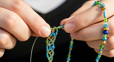 Detailed focus on the process of creating a beaded handmade necklace