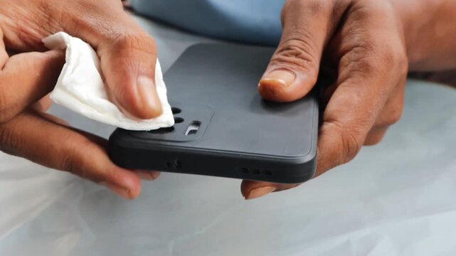 Asian man carefully cleaning a smartphone camera lens with a disinfectant wipe to ensure hygiene. Close-up of a man&rsquo;s hand removing dirt, dust, germs, and bacteria to protect his health and device.